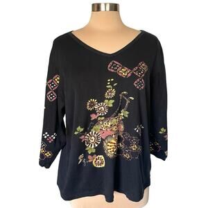 Yashi Black Floral Print Sequin Beaded‎ Knit Top Size 2X Colorful Comfortable